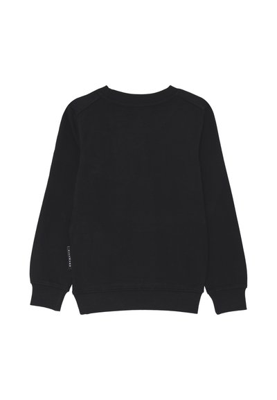 Felpa nera a maniche lunghe con scollatura tonda, con polsini e fondo a costine, mostrata distesa e con il retro rivolto in avanti su uno sfondo bianco.