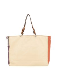 Grande borsa tote in pelle con parte anteriore crema, pannelli laterali marrone e ruggine, manici in pelle intrecciata e una piccola zip laterale.