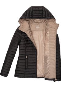 Veste matelassée noire avec capuche, dotée d'une doublure beige, de poches zippées et d'un design élégant adapté à une tenue décontractée.