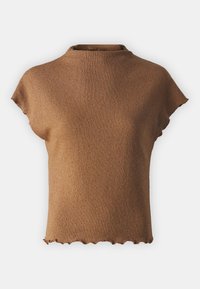 Brun kortærmet strikket top med høj hals, der har en tekstureret overflade og en bølget kant, lavet af blødt, fleksibelt stof.