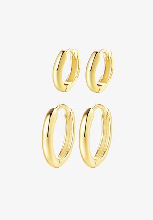 Pendientes de aro de oro, con un acabado suave y brillante. Incluye dos pares: uno grande y otro pequeño, ambos con un diseño de bisagra sin costuras.