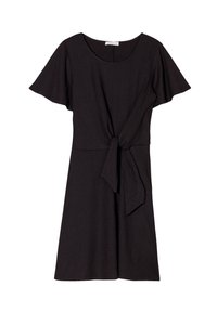 Robe noire à manches courtes avec un col rond, détail noué à la taille et tissu texturé. La jupe a une silhouette évasée.