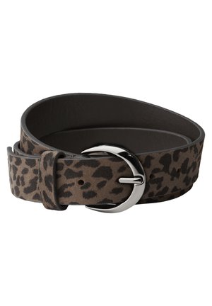 Ceinture en cuir avec imprimé léopard, au toucher lisse, dotée d'une boucle ronde en métal argenté et d'une sangle ajustable avec plusieurs trous.