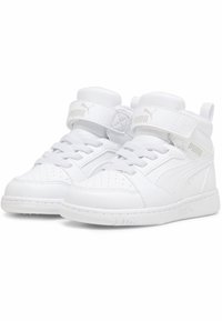 Weiße High-Top-Sneaker aus Leder mit strukturiertem Finish. Verfügt über einen gepolsterten Kragen, Schnürung und einen Klettverschluss.