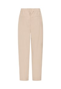 Világos bézs színű, magas derekú nadrág texturált anyagból, rugalmas derékrésszel és két hátsó zsebbel. Szűkülő szárú, kényelmes szabású.