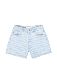 Shorts en denim bleu clair avec un motif pied-de-poule décoloré, cinq poches et une fermeture à bouton à l'avant. Les bords sont effilochés pour un look décontracté.