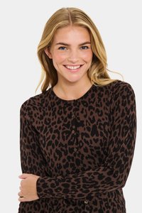 Brown leopard print cardigan with a ribbed texture and long sleeves. Features a round neckline and brown buttons down the front.