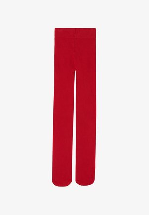 Leggings rouges avec une texture lisse, une taille extensible et un design à jambe droite. Aucun motif ni élément matériel visible.