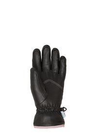 Schwarze Lederhandschuh mit gepolstertem Knöchelbereich, elastischem Handgelenk, kleinem Stoffetikett und pinkem Besatz am Bündchen.
