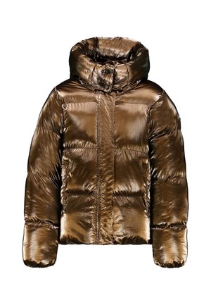 Glanzende bronzen pufferjas met capuchon, hoge kraag, ritssluiting aan de voorkant, drukknoopsluiting, lange mouwen en zijzakken op een witte achtergrond.