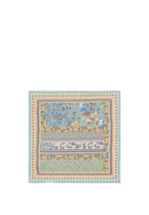 Pañuelo cuadrado con patrones abstractos y florales multicolores en tonos azul, beige, naranja y verde, enmarcado por bordes florales.