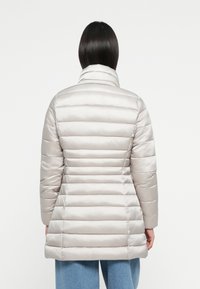 Lichtgrijze pufferjack met horizontaal gequilt textuur, hoge kraag en lange mouwen, ontworpen voor warmte en comfort.