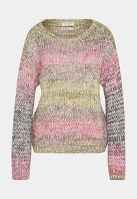 Langsleeve gebreide trui met meerkleurige strepen in roze, geel, grijs en wit, met een ronde halslijn en een geribde zoom.