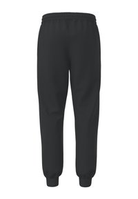 Zwarte sportbroek gemaakt van zachte stof, met een rekbare tailleband en boorden, een gladde textuur en zonder zichtbare patronen.