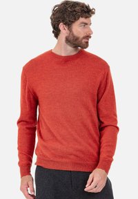 Pull rouge en maille avec un col rond et des manches longues. Le tissu semble doux, avec une finition légèrement texturée et des poignets et un ourlet côtelés.