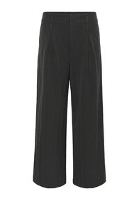 Szürke, bő szárú nadrág, tűcsíkos mintával, plissett elülső résszel és sima textúrával. Tökéletes szabás, enyhén rövidített hosszal.