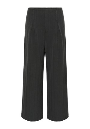Sivé široké nohavice s prúžkovaným vzorom, s detailom plisovania vpredu a hladkou textúrou. Strih s presne upraveným dizajnom a mierne skrátenou dĺžkou.