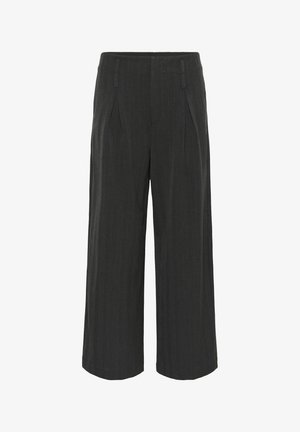 Sivé široké nohavice s prúžkovaným vzorom, s detailom plisovania vpredu a hladkou textúrou. Strih s presne upraveným dizajnom a mierne skrátenou dĺžkou.