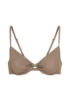 Triangle-shaped bikini top in a taupe color. Features adjustable straps, a front knot detail, and soft fabric with a gathered design.