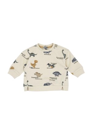 Felpa color crema chiaro con motivi di dinosauri, con scollo arrotondato e maniche lunghe. I dettagli includono vari nomi e illustrazioni preistoriche.
