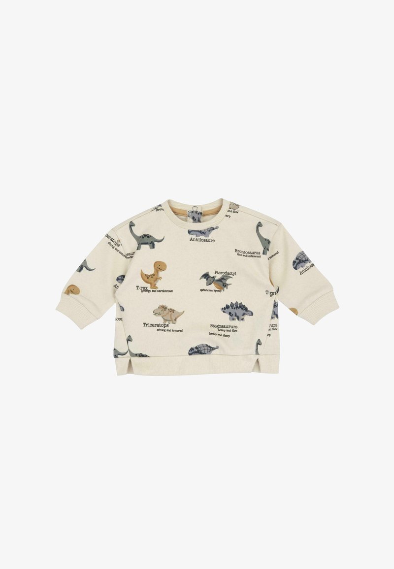 Sweat-shirt crème clair avec motifs de dinosaures, doté d'un col arrondi et de manches longues. Détails comprenant divers noms préhistoriques et illustrations.