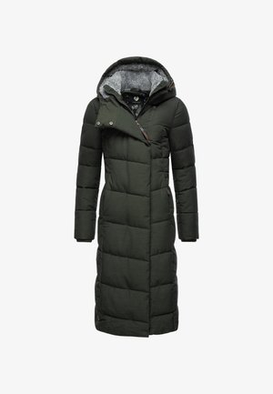 Pikk oliivroheline sulejope kapuutsiga, mis on vooderdatud tekstureeritud halli kangaga, varustatud lukuga ja diagonaalse ettepoole suunatud flapi detailiga.