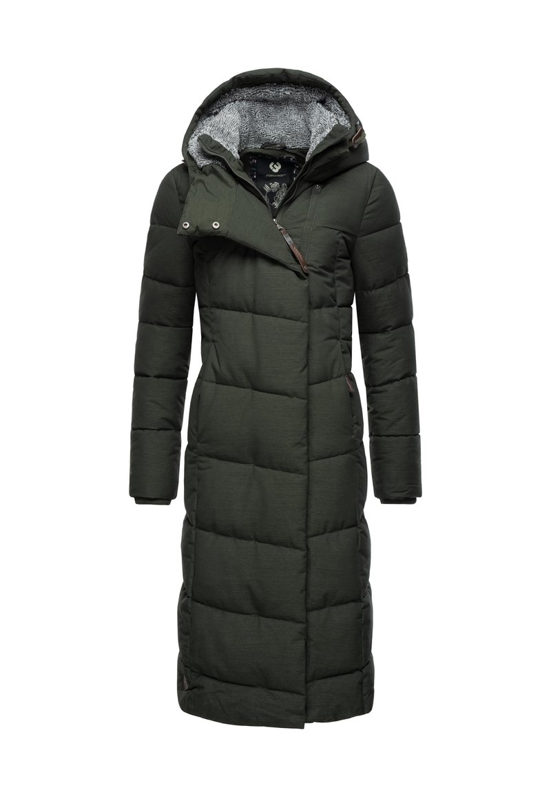 Ilgas alyvuogių žalios spalvos pūkinis paltas su gaubtu, turintis tekstūruotą pilką pamušalą, užtrauktuko uždarymą ir įstrižą priekinę skląstį.