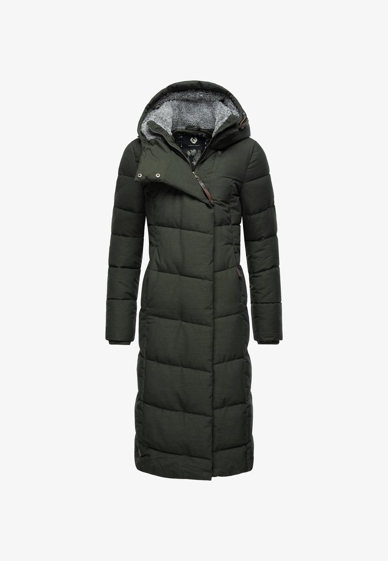 Ilgas alyvuogių žalios spalvos pūkinis paltas su gaubtu, turintis tekstūruotą pilką pamušalą, užtrauktuko uždarymą ir įstrižą priekinę skląstį.