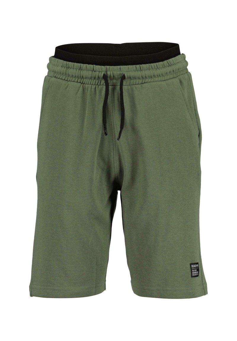 Shorts verts olive mi-jambe en tissu doux, dotés d'une taille élastique noire avec cordon de serrage, de poches latérales et d'une petite étiquette logo.