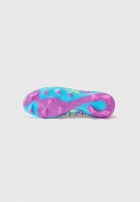Shoe sole featuring a wavy pattern, predominantly blue with pink and purple accents, textured rubber with protruding grips for traction.