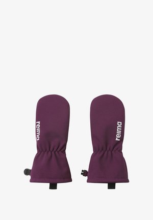 Paar paarse wanten van zacht materiaal, met elastische manchetten, logo detail en verstelbare banden voor een veilige pasvorm.