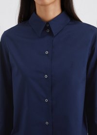 Navy blue button-up shirt with a classic collar, featuring a smooth texture and six matching buttons along the front.