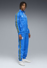 Sininen urheiluasu, jossa on vihreät kuvioidut sivupaneelit, sisältää vetoketjullisen takin ja yhteensopivat housut. Mukana on logo ja valkoiset yksityiskohdat.