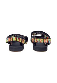 Sandali neri con cinture intrecciate colorate e motivi geometrici, dotati di fibbie regolabili. Suola in gomma testurizzata per grip e comfort.