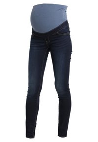 Jeans ajustados de maternidad en denim azul oscuro con un panel abdominal elástico y suave. Cuenta con un diseño de cinco bolsillos y una costura sutil en contraste.