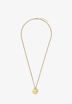 Collar de cadena de oro con un pequeño colgante redondo y plano que presenta un orificio central y un cierre ajustable sobre fondo blanco.