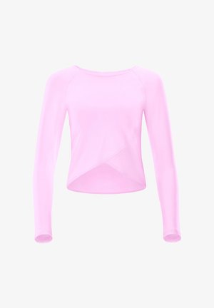 Top de manga larga rosa hecho de una tela suave, con un diseño cruzado y escote redondeado. Corte ajustado sin hardware visible ni patrones.