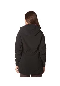 Schwarze Kapuzenjacke mit strukturiertem Außenmaterial und glattem Innenfutter. Verfügt über Seitentaschen und einen leicht taillierten Rücken zur Formgebung.