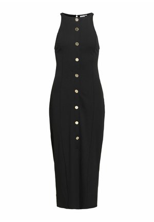 Zwarte mouwloze midi-jurk met hoge halslijn en verticale rij goudkleurige decoratieve knopen aan de voorkant.
