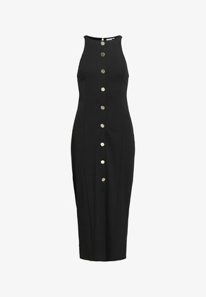 Robe midi noire sans manches avec un col montant et une rangée verticale de boutons décoratifs dorés sur le devant.