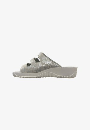 Light gray open-toe slide sandal with floral textured upper, two cutout straps, and contoured wedge sole with ridged grip.