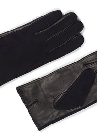 Černé rukavice vyrobené z kůže a semiše, s hladkým povrchem, pěti prsty a útulnou vnitřní podšívkou.
