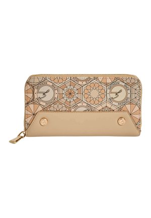 Portafoglio rettangolare beige con motivo geometrico, cerniera dorata e due bottoni dorati nelle aree degli angoli inferiori anteriori.