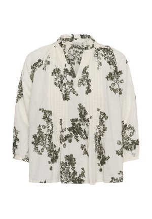 Bijela bluza s dugim rukavima s crnim cvjetnim uzorkom, okruglim izrezom s malim naborom i vertikalnim naborema na prednjoj strani.