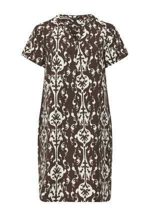 Robe marron à manches courtes avec un motif floral abstrait blanc vertical et un col en V.