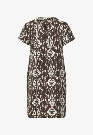 Brown short-sleeve dress with white abstract floral vertical pattern and V-neck collar.