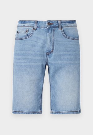 Light blue denim shorts with a straight cut, five pockets, and contrasting stitching. Smooth texture, knee-length design without embellishments.