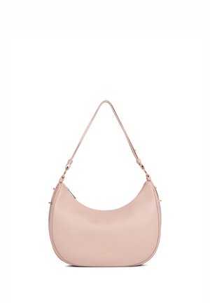 Soft pink crescent-shaped leather shoulder bag with adjustable strap and gold-tone hardware, smooth texture and minimalist design.