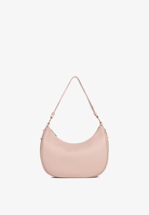 Soft pink crescent-shaped leather shoulder bag with adjustable strap and gold-tone hardware, smooth texture and minimalist design.