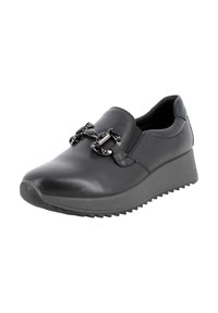 Scarpe slip-on in pelle nera con suola a zeppa, dotate di un'accattivante catena decorativa sulla parte anteriore e suola in gomma testurizzata.
